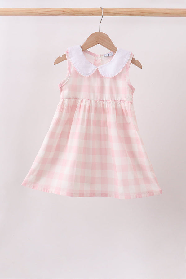 Pink gingham sleeveless dress with white Peter Pan collar, breathable 100% cotton fabric.
