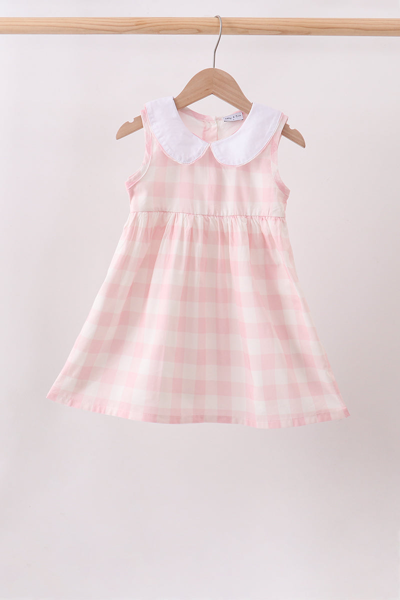 Pink gingham sleeveless dress with white Peter Pan collar, breathable 100% cotton fabric.