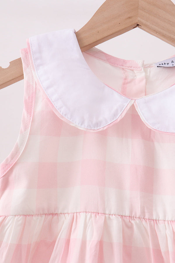 Pink gingham dress with white rounded collar, 100% cotton, breathable summer style.