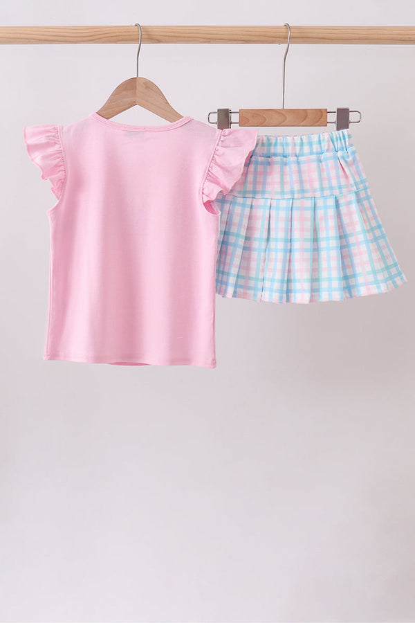 Pink Crocodile Smocked Skorts Set: two-piece pink top with ruffle sleeves and blue plaid skort for sunny days.