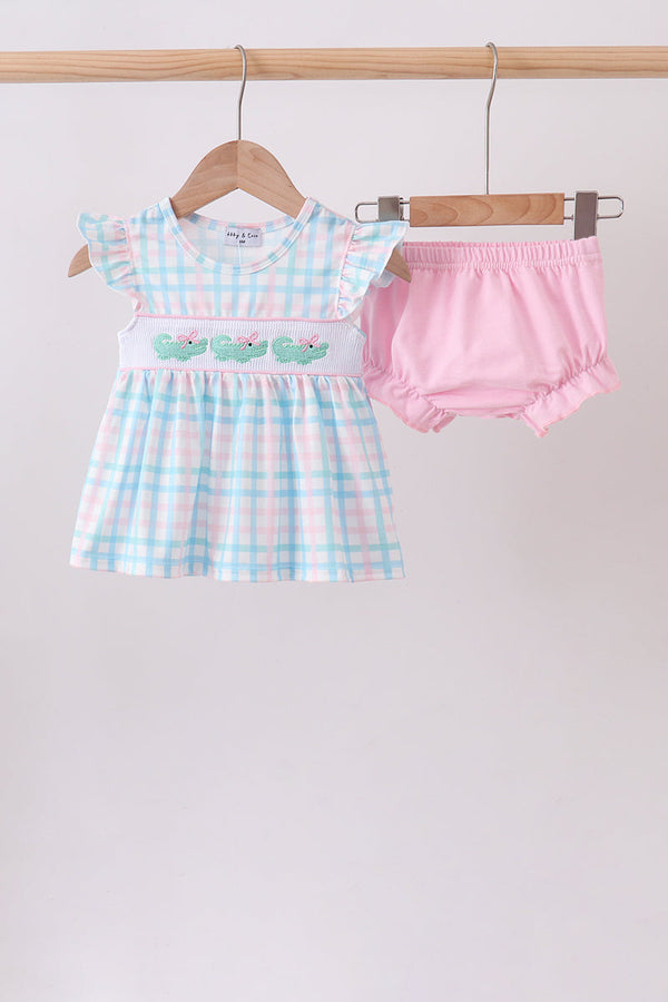 Pink Crocodile Smocked Gingham Bloomer Set: gingham dress with smocked waistband and pink bloomers.