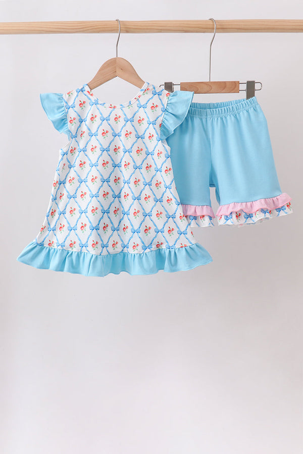 Blue Rose Ruffle Shorts Set for Little Girls: white top with blue lattice and roses, blue shorts with pink trim