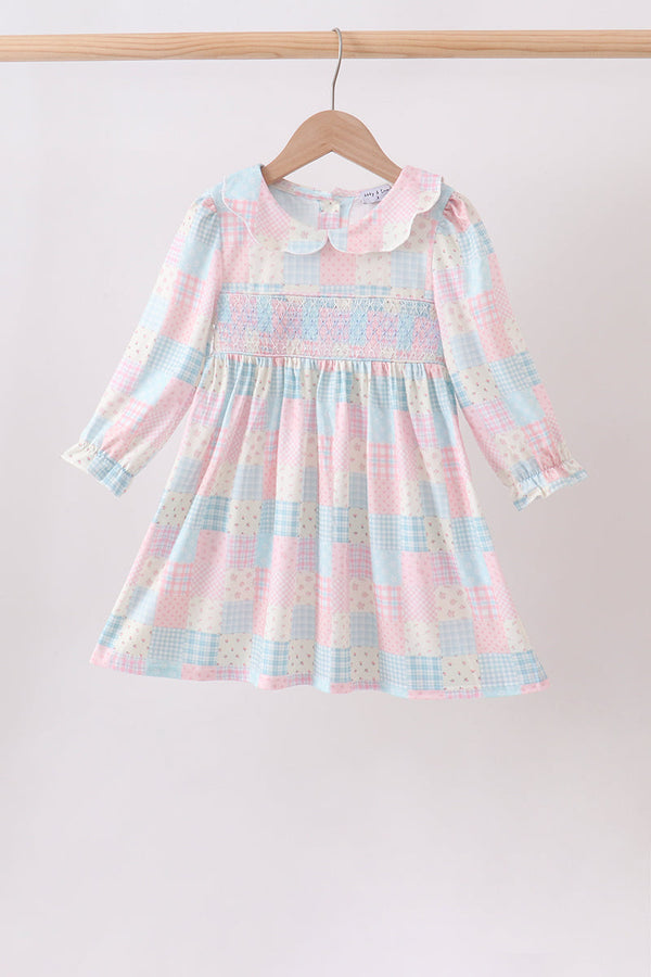 Pastel checkered floral smocked dress for girls with long sleeves and a ruffled collar.