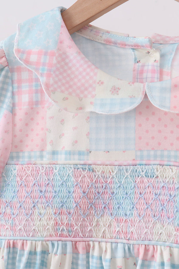 Pastel patchwork checkered floral smocked dress with scalloped collar and shirred bodice