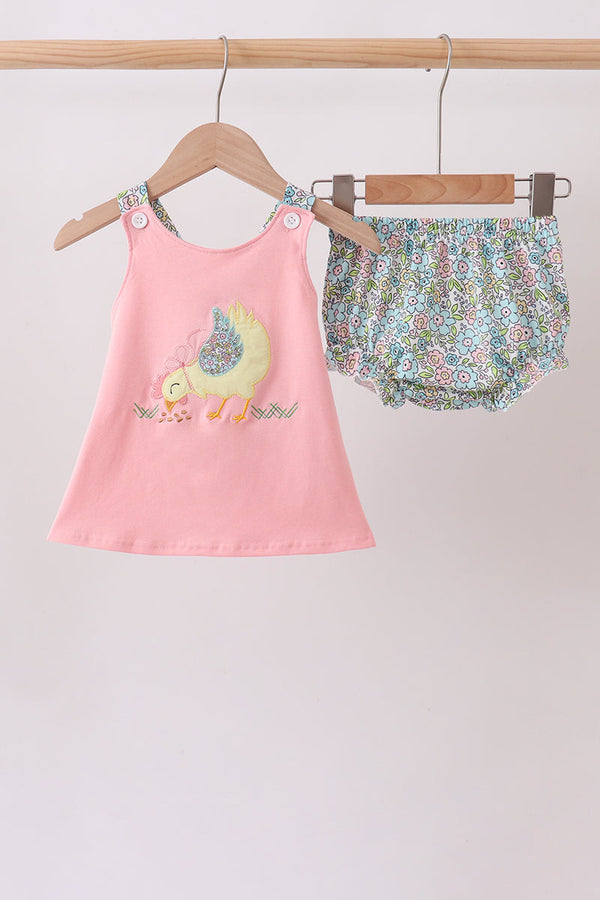 Pink sleeveless top with chicken applique paired with blue floral bloomers.