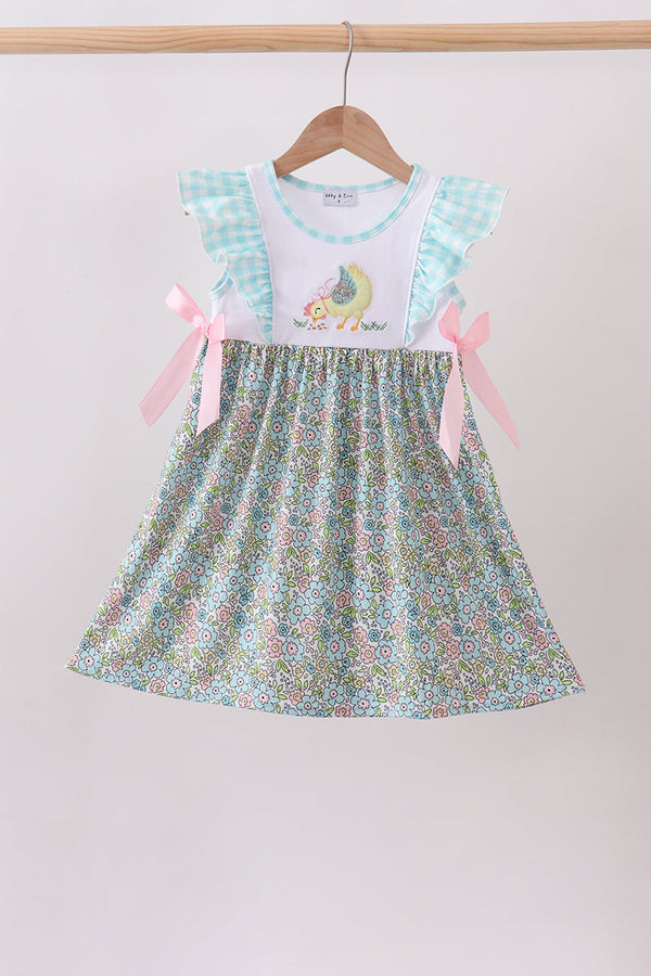 Mint dress with chicken applique, ruffled sleeves, gingham accents, and a floral skirt with pink ribbons.