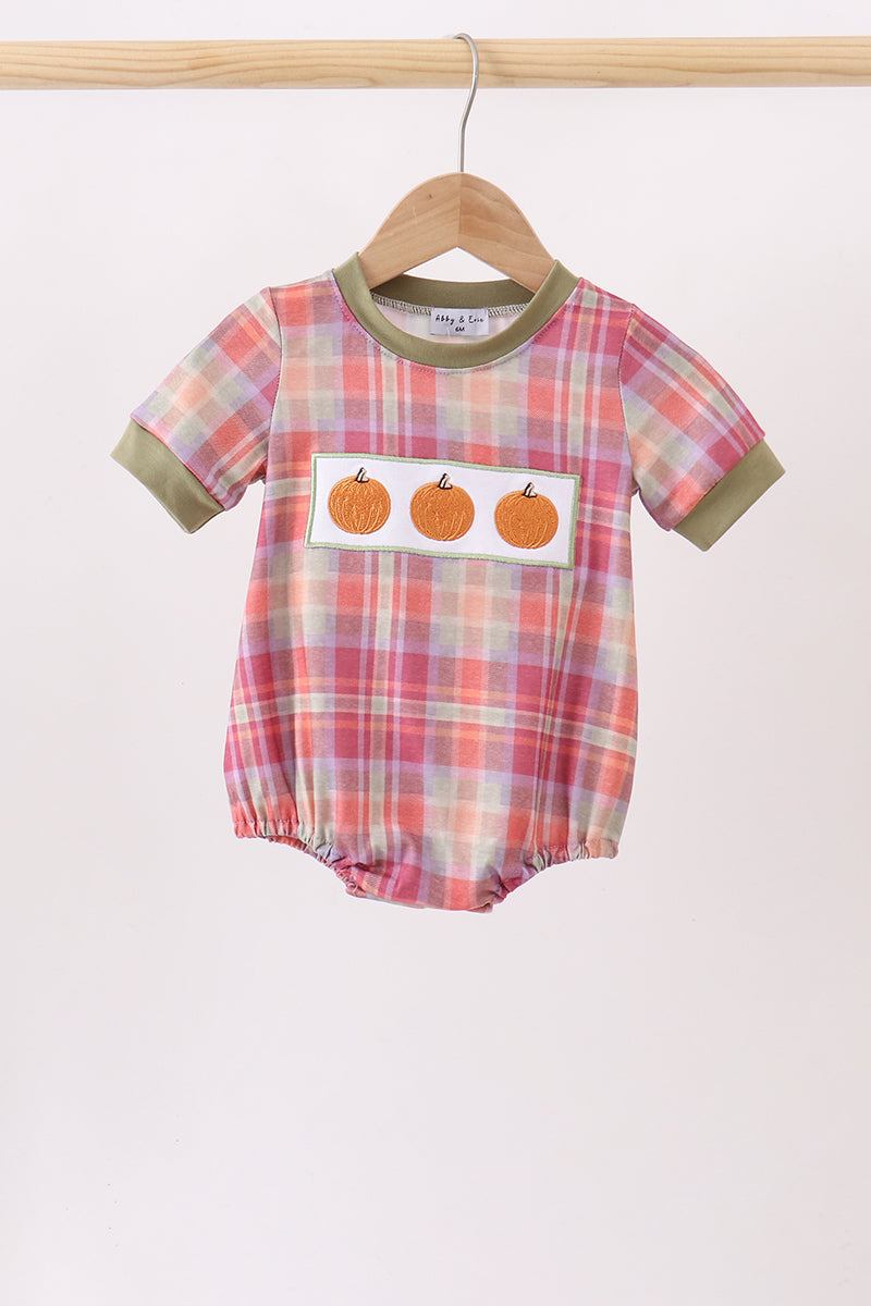 Camel Pumpkin Embroidery Plaid Bubble - The Palm Beach Baby
