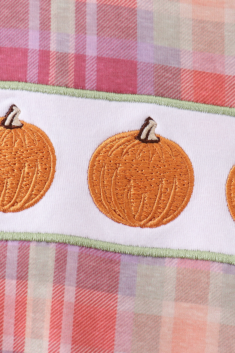 Camel Pumpkin Embroidery Plaid Bubble - The Palm Beach Baby