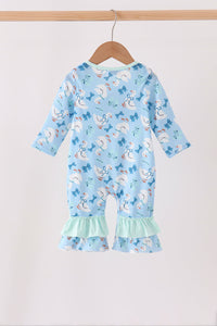 Blue baby romper with goose and bow print, featuring mint ruffled leg cuffs on a wooden hanger. Soft one-piece outfit.