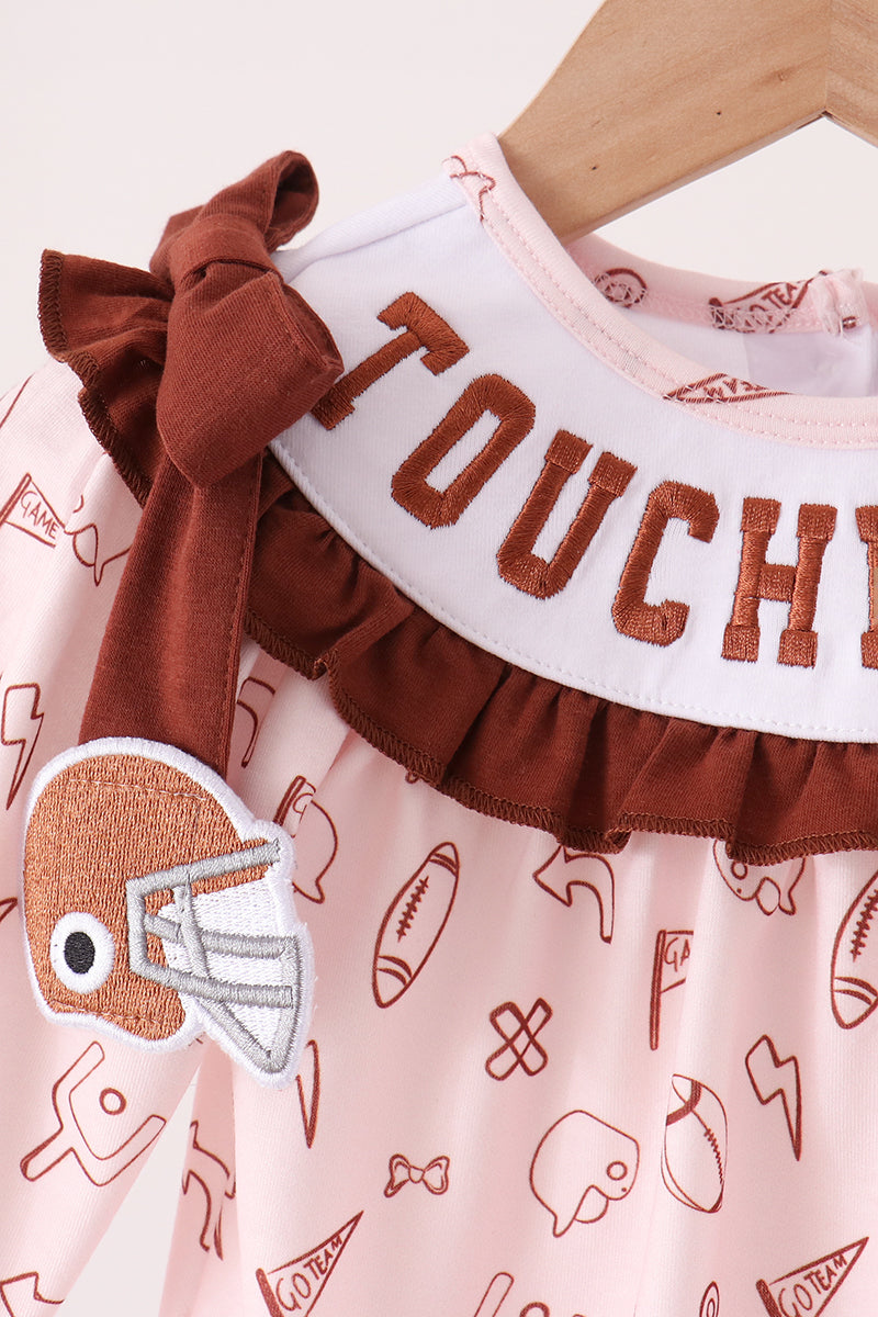 Baby Brown Touchdown Football Embroidered Bubble Romper