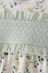 Sage floral smocked ruffle bubble