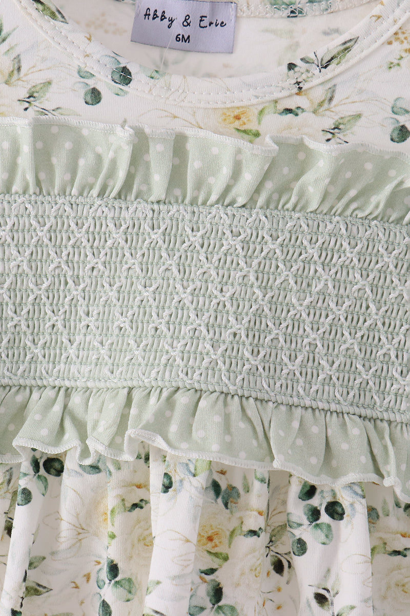 Sage floral bloomer set with intricate white smocked bodice, delicate polka dot ruffles, and vintage-inspired botanical print.