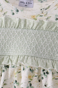 Sage floral bloomer set with intricate white smocked bodice, delicate polka dot ruffles, and vintage-inspired botanical print.