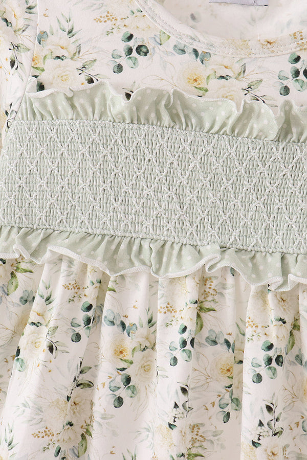 Sage Floral Smocked Ruffle Dress