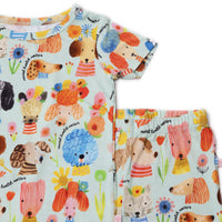 The Second-Skin 2-Piece Short Sleeve Pajama set by Mindful Doggos in mint with hand-drawn dog prints.
