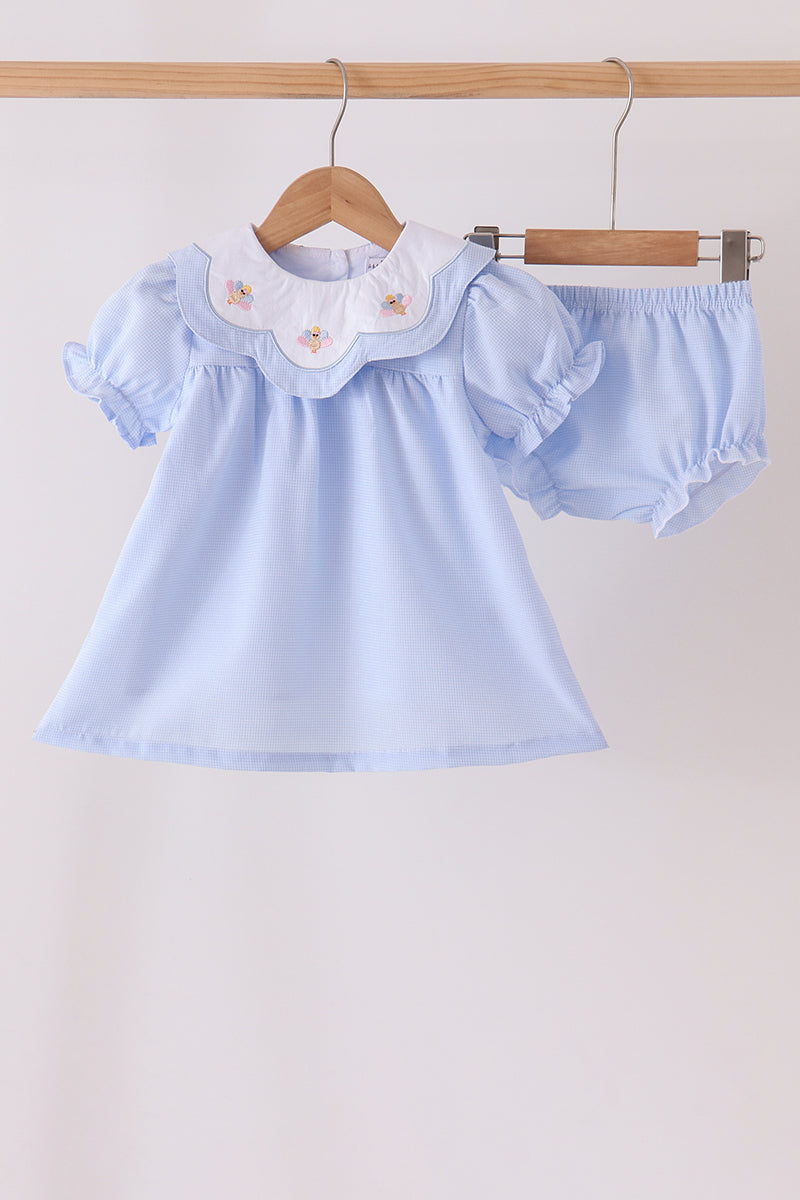 Blue turkey embroidery checkered bloomer set