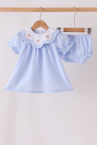 Blue turkey embroidery checkered bloomer set
