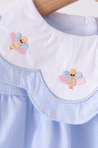 Blue turkey embroidery checkered bloomer set