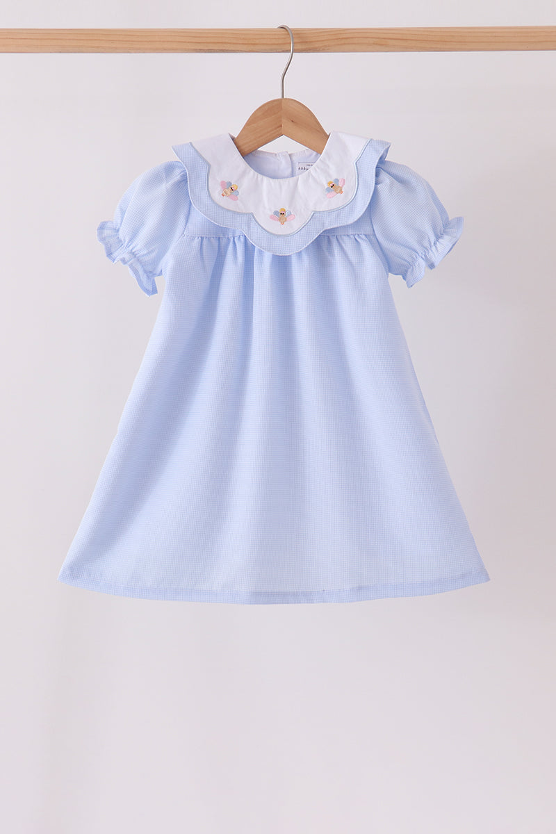 Blue turkey embroidery checkered dress