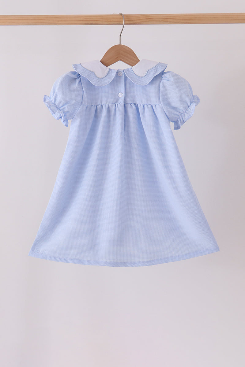 Blue turkey embroidery checkered dress