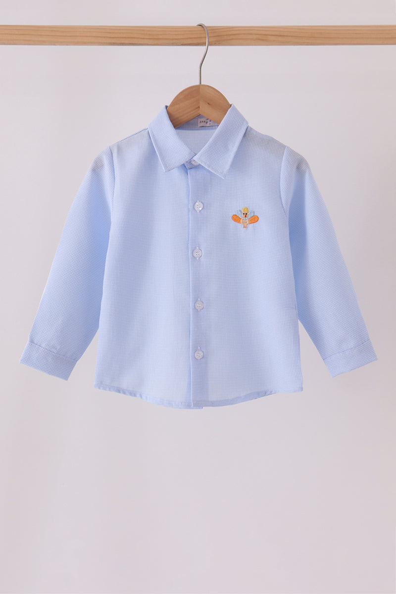 Boys Blue Turkey Embroidered Button Down Shirt