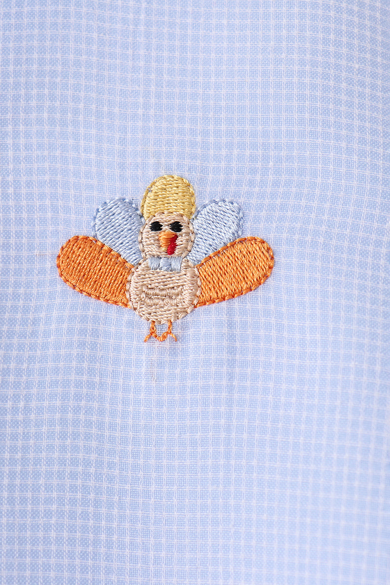 Boys Blue Turkey Embroidered Button Down Shirt