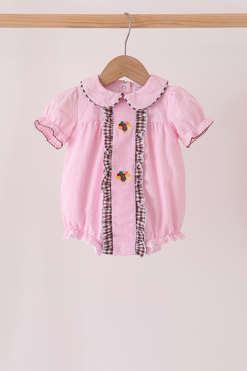 Pink Turkey Embroidered Ruffle Gingham Bubble