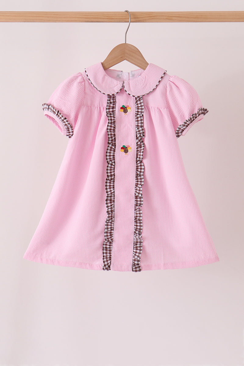 Pink Turkey Embroidered Ruffle Gingham Dress