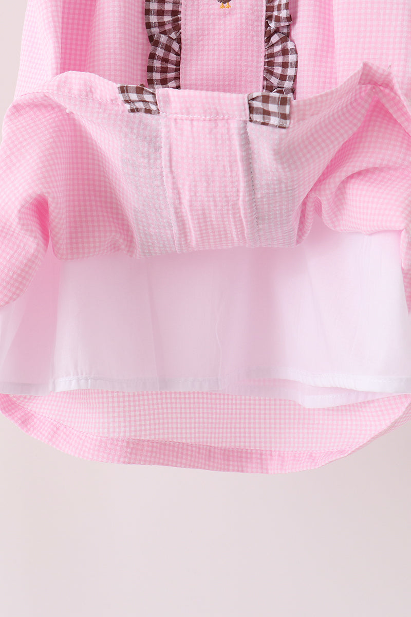 Pink Turkey Embroidered Ruffle Gingham Dress