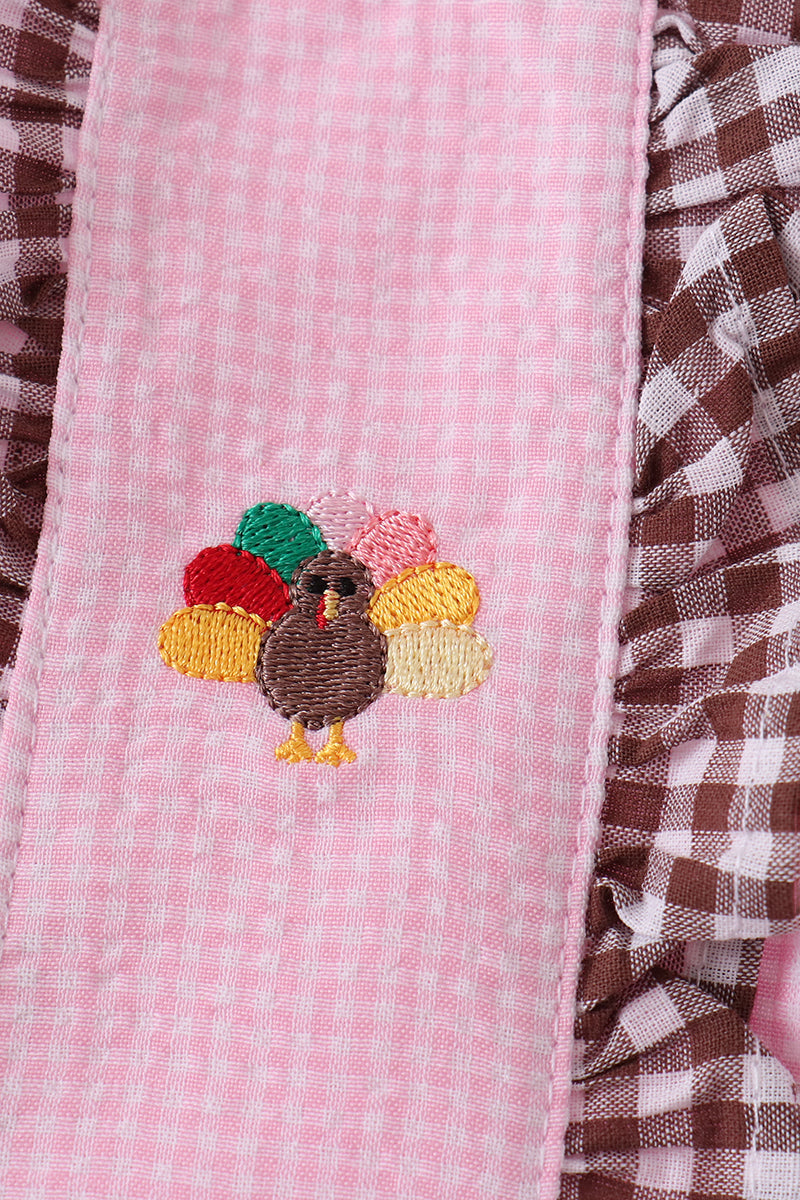 Pink Turkey Embroidered Ruffle Gingham Dress