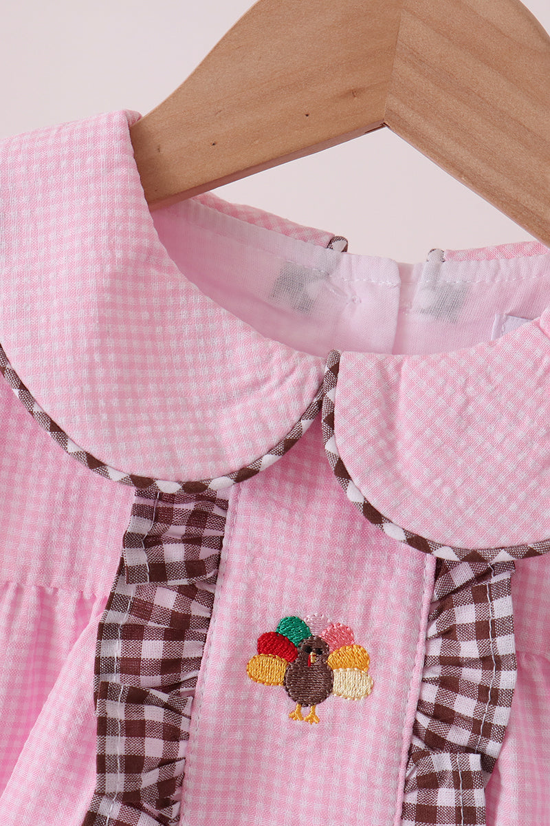 Pink Turkey Embroidered Ruffle Gingham Dress