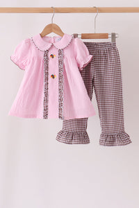 Pink Turkey Embroidered Ruffle Gingham Pants Set