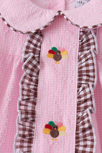 Pink Turkey Embroidered Ruffle Gingham Pants Set