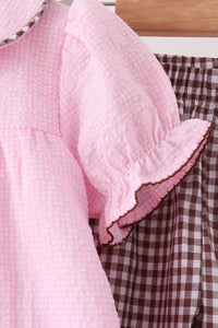 Pink Turkey Embroidered Ruffle Gingham Pants Set