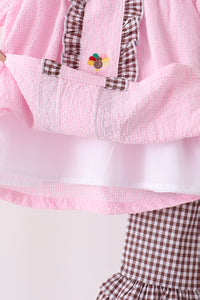 Pink Turkey Embroidered Ruffle Gingham Pants Set