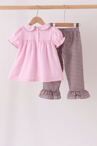 Pink Turkey Embroidered Ruffle Gingham Pants Set