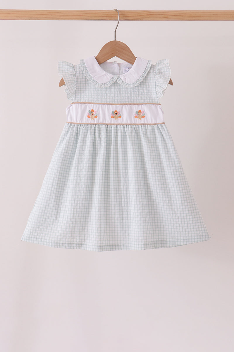 Green Plaid Turkey Embroidered Ruffle Dress