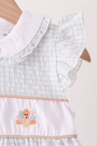 Green Plaid Turkey Embroidered Ruffle Dress