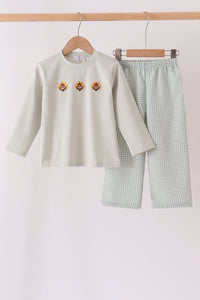 Green turkey embroidery gingham pants set