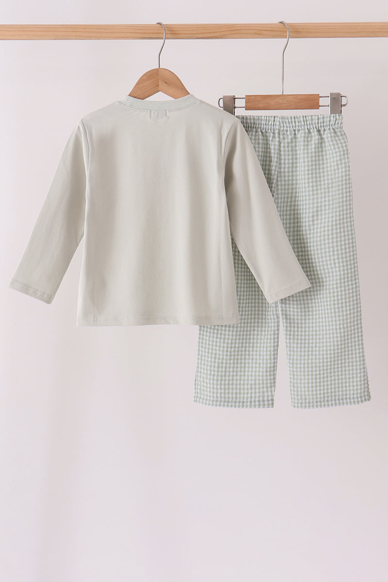 Green turkey embroidery gingham pants set