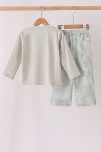 Green turkey embroidery gingham pants set