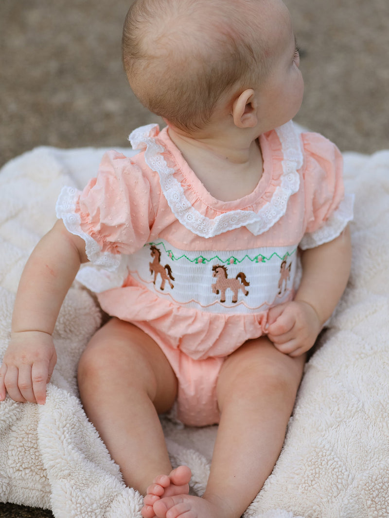 Western Horse Embroidery Girls Romper Lace Petals Collar Puff Sleeve - The Palm Beach Baby