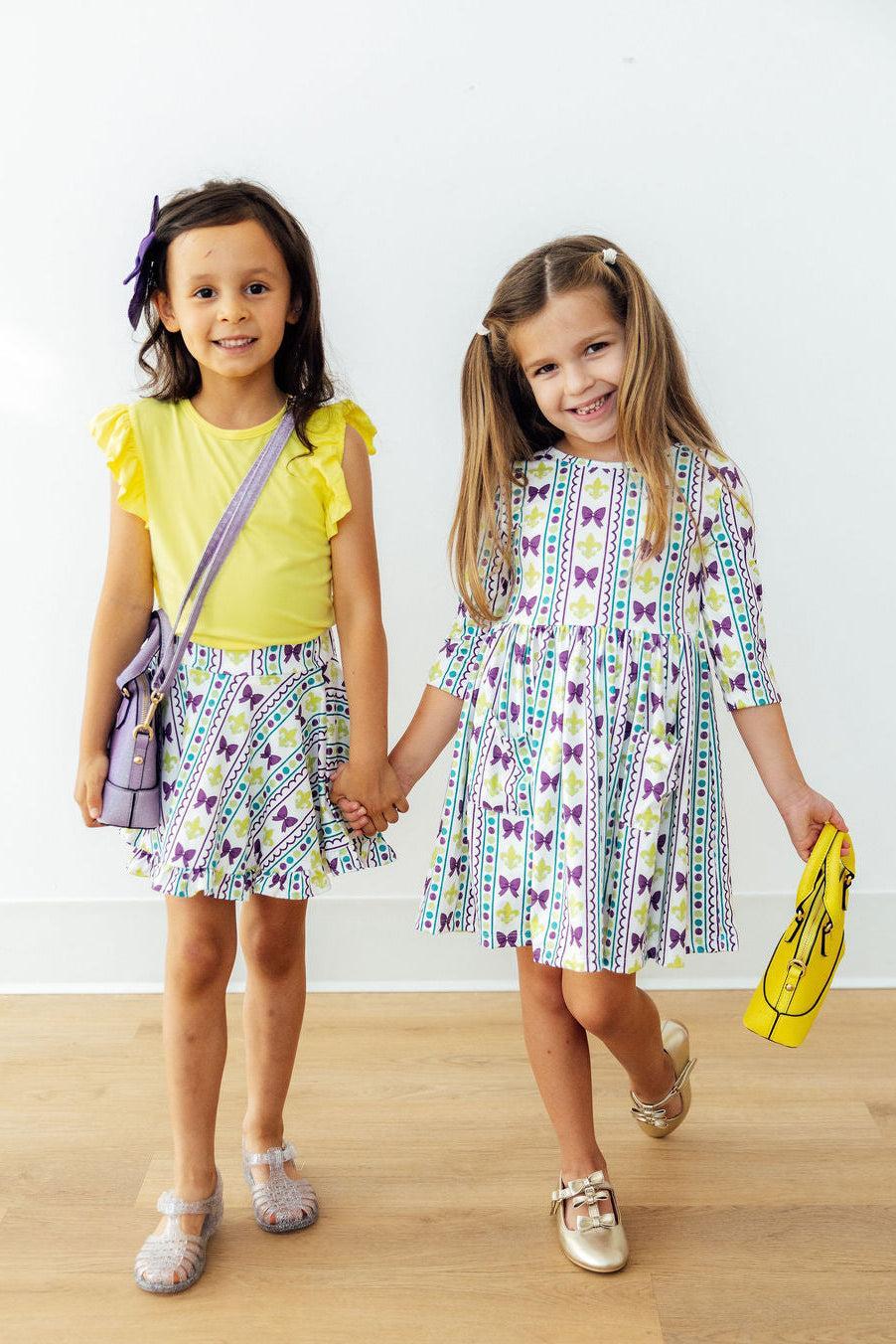 Mardi Gras 3/4 Sleeve Pocket Twirl Dress for Little Girls - The Palm Beach Baby Mila & Rose ®