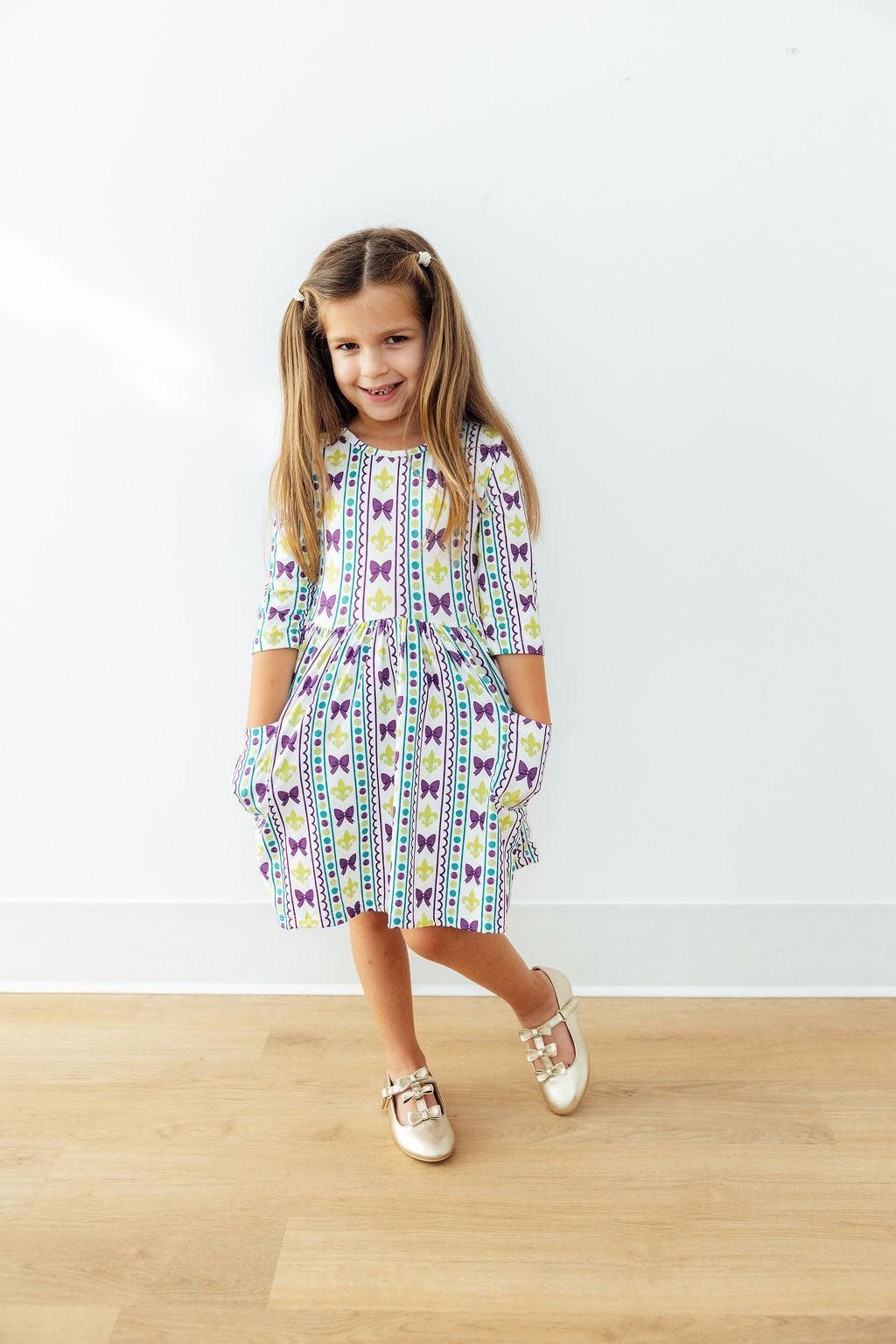 Mardi Gras 3/4 Sleeve Pocket Twirl Dress for Little Girls - The Palm Beach Baby Mila & Rose ®