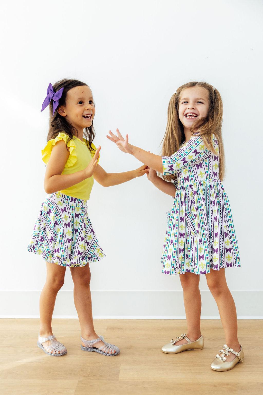Mardi Gras 3/4 Sleeve Pocket Twirl Dress for Little Girls - The Palm Beach Baby Mila & Rose ®