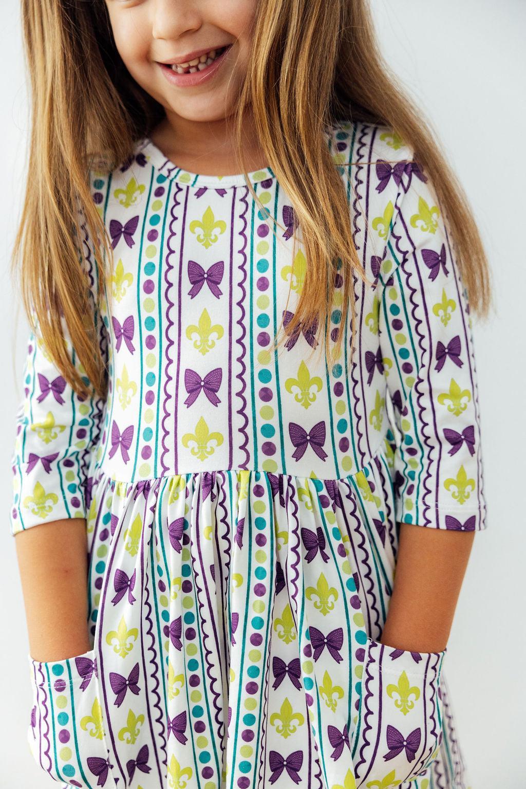 Mardi Gras 3/4 Sleeve Pocket Twirl Dress for Little Girls - The Palm Beach Baby Mila & Rose ®