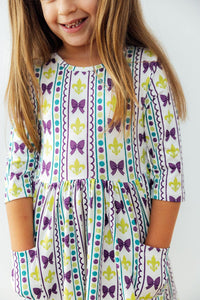 Mardi Gras 3/4 Sleeve Pocket Twirl Dress for Little Girls - The Palm Beach Baby Mila & Rose ®