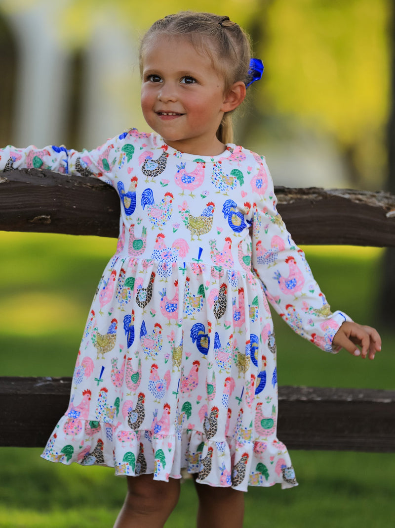 Fall Farm Chicken Print Girls Ruffle Hem Twirl Dress - The Palm Beach Baby