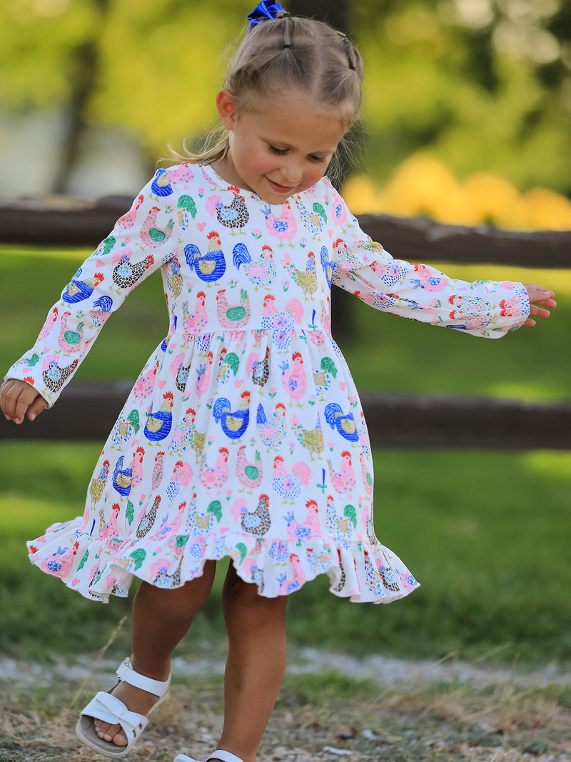 Fall Farm Chicken Print Girls Ruffle Hem Twirl Dress - The Palm Beach Baby