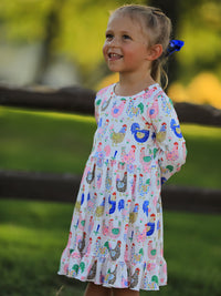 Fall Farm Chicken Print Girls Ruffle Hem Twirl Dress - The Palm Beach Baby